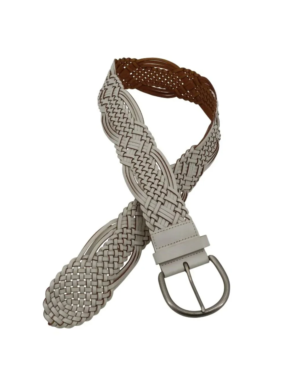 Womens Medium White Woven Belt Bonded Leather PU Coated Western Boho Weave Med